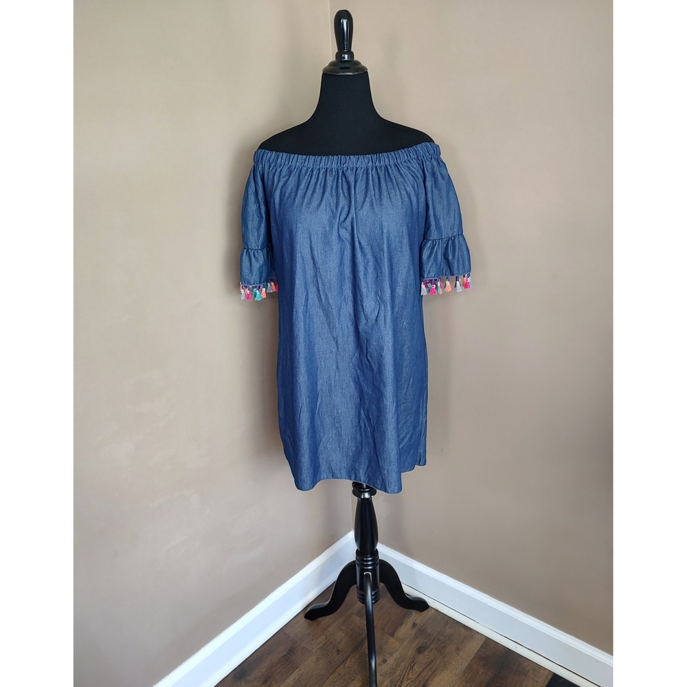 See You Monday Denim Off Shoulder Dress Tassel Trim Ruffle‎ Sleeve - Large